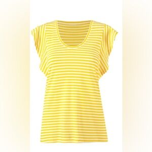 #5748 Cabi Daisy Tee, a yellow and white striped flutter short-sleeve. Size S